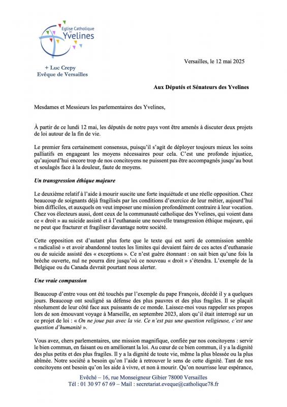 Courrier aux parlementaires de mgr crepy fin de vie